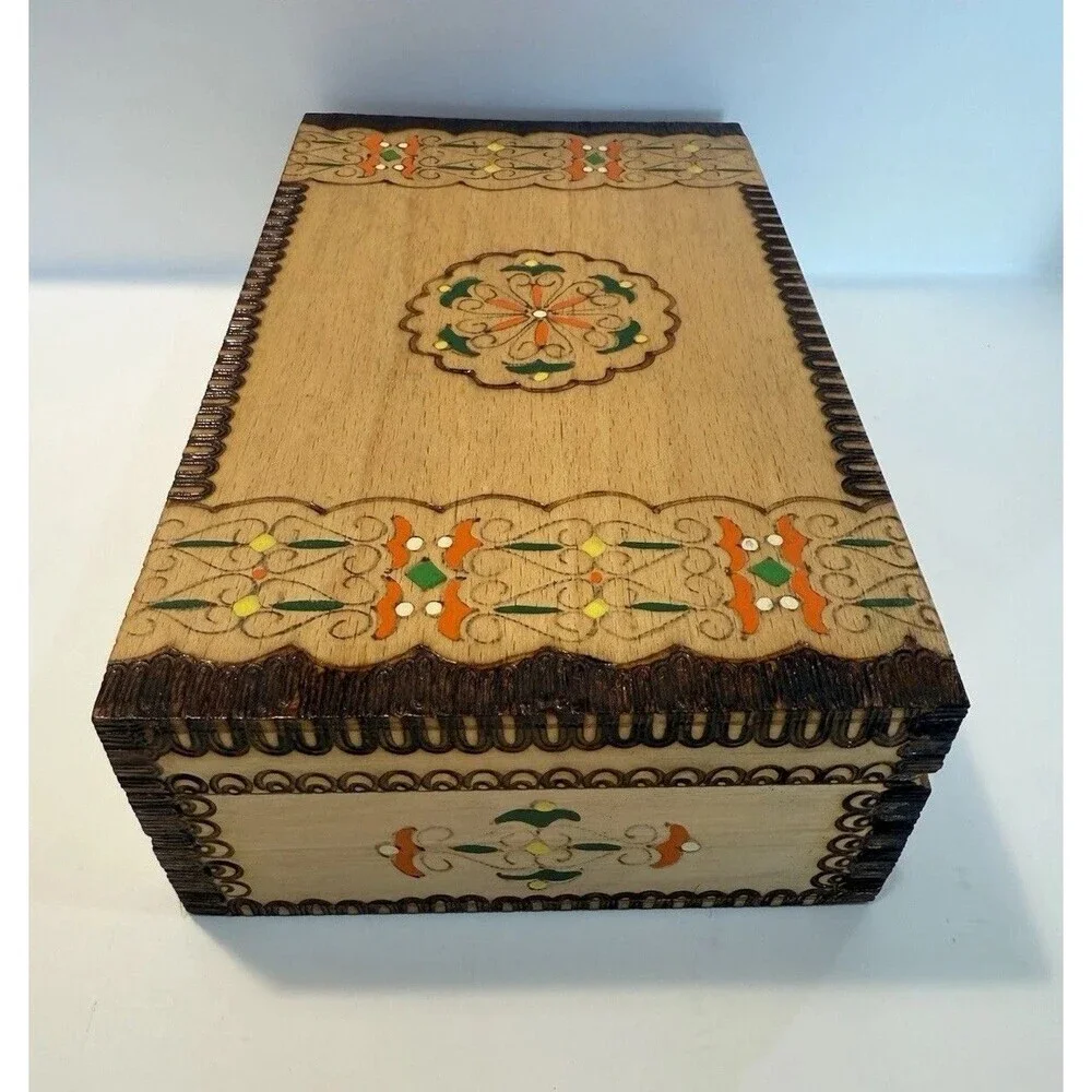 Vtg Painted Pyrography Hinged Wooden Jewelry Trinket Box Folk Art 9.5